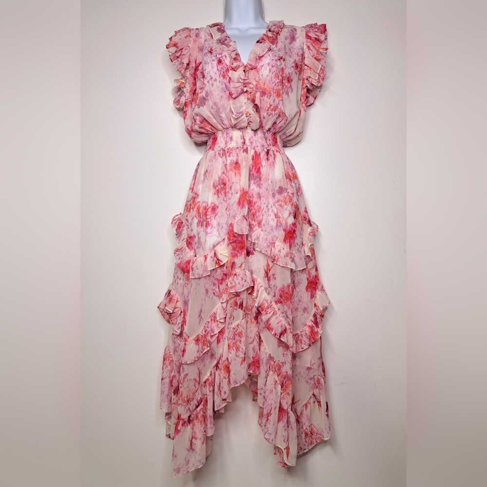 Misa Los Angeles Dakota Watercolor Floral Ruffle Midi Dress Size XS
